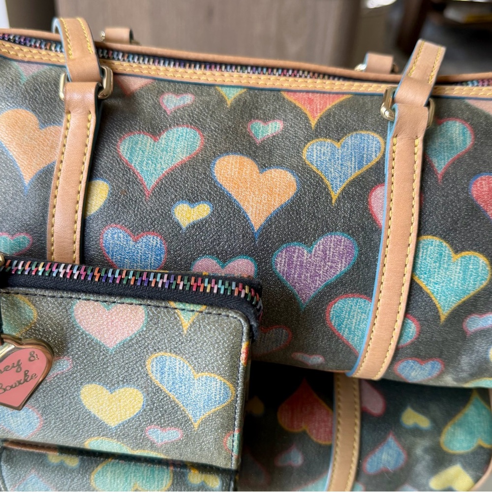 Dooney & Bourke Multi-Color Heart Print Handbag with Tan Leather Trim & Handles